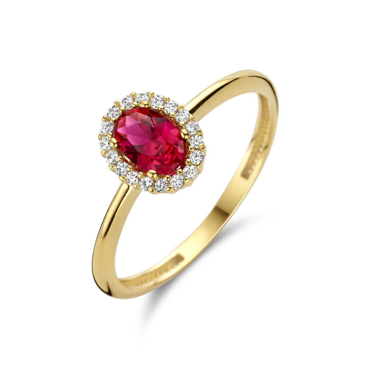 Fantasy Collection Ring rood en wit zirkonia halo 14K geelgoud