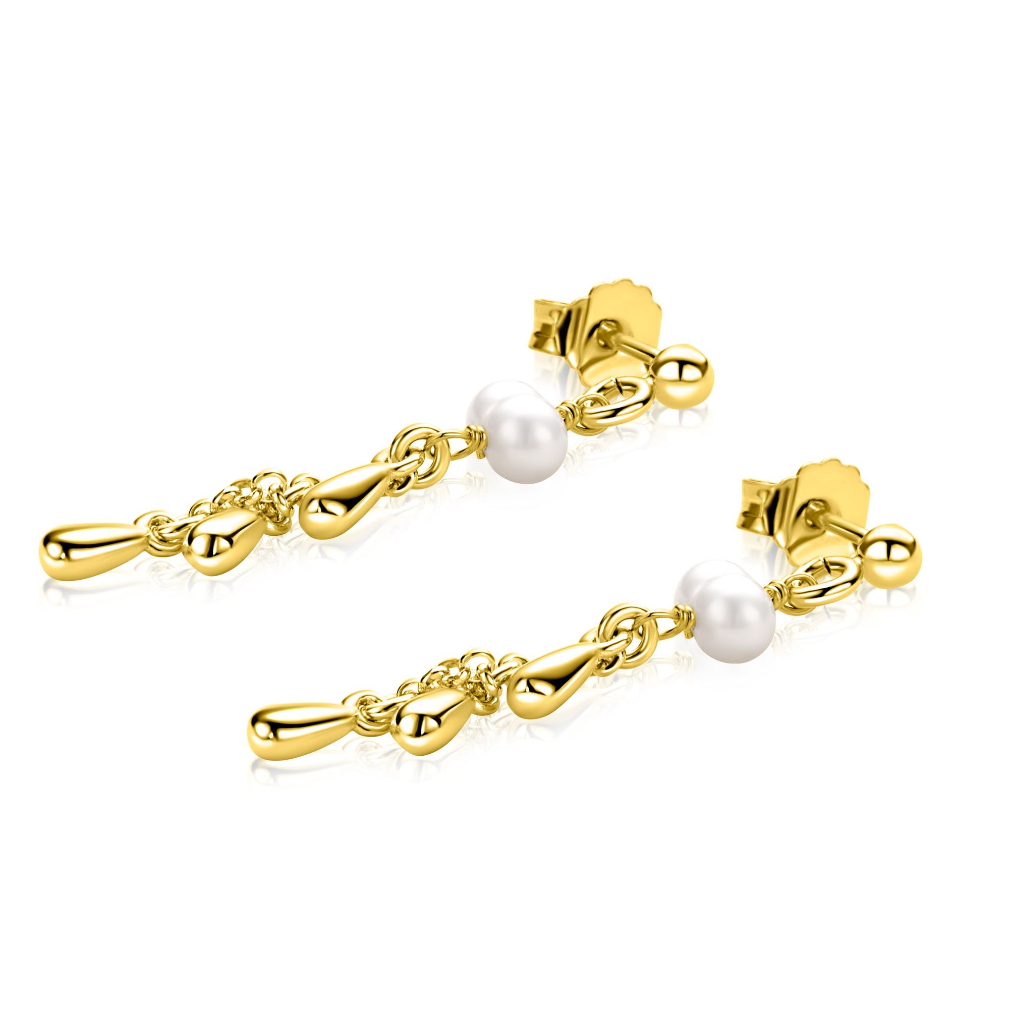 ZINZI gold plated zilveren oorstekers met druppels en witte zoetwaterparels 37mm ZIO2753 - PansiteNederland.nl