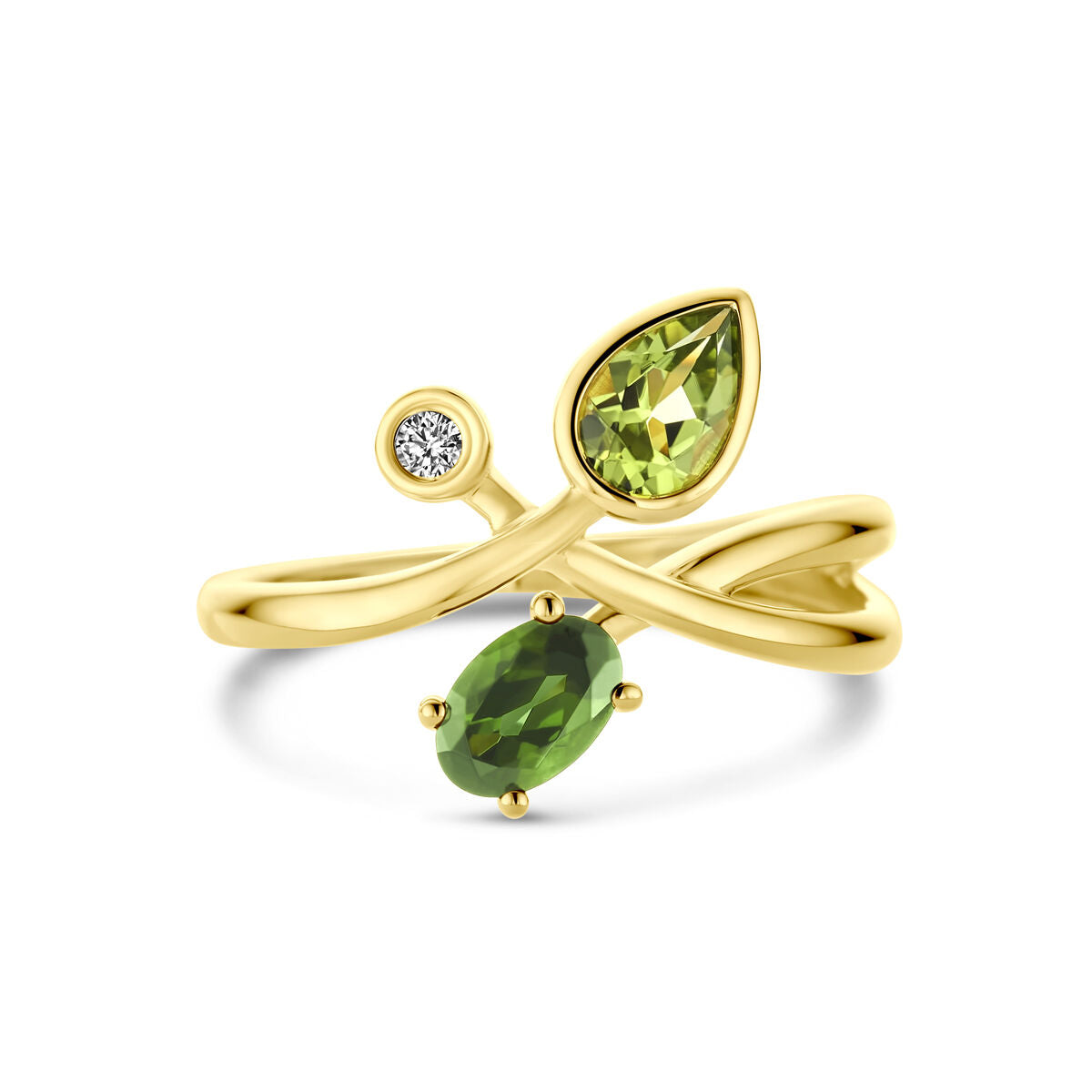 Ring groen toermalijn, peridot en diamant 0.03ct h si 14K geelgoud