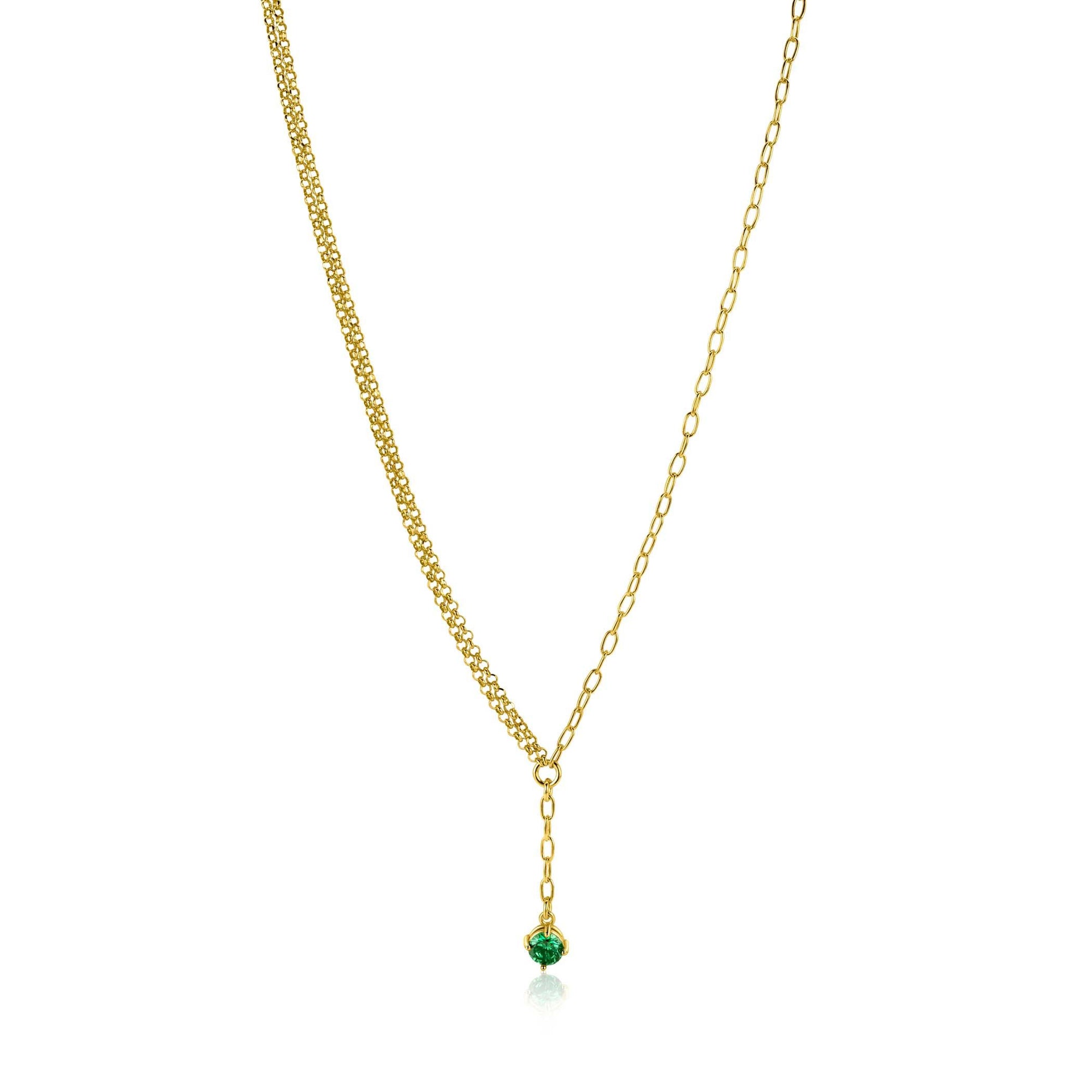 ZINZI gold plated zilveren Y-collier met subtiele schakels, bungelend groene ronde kleursteen 42-45cm ZIC2660G