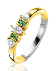 ZINZI gold plated zilveren ring met zettingen in peer, rechthoek en driehoeksvorm bezet met witte en groene kleurstenen ZIR2630G - PansiteNederland.nl