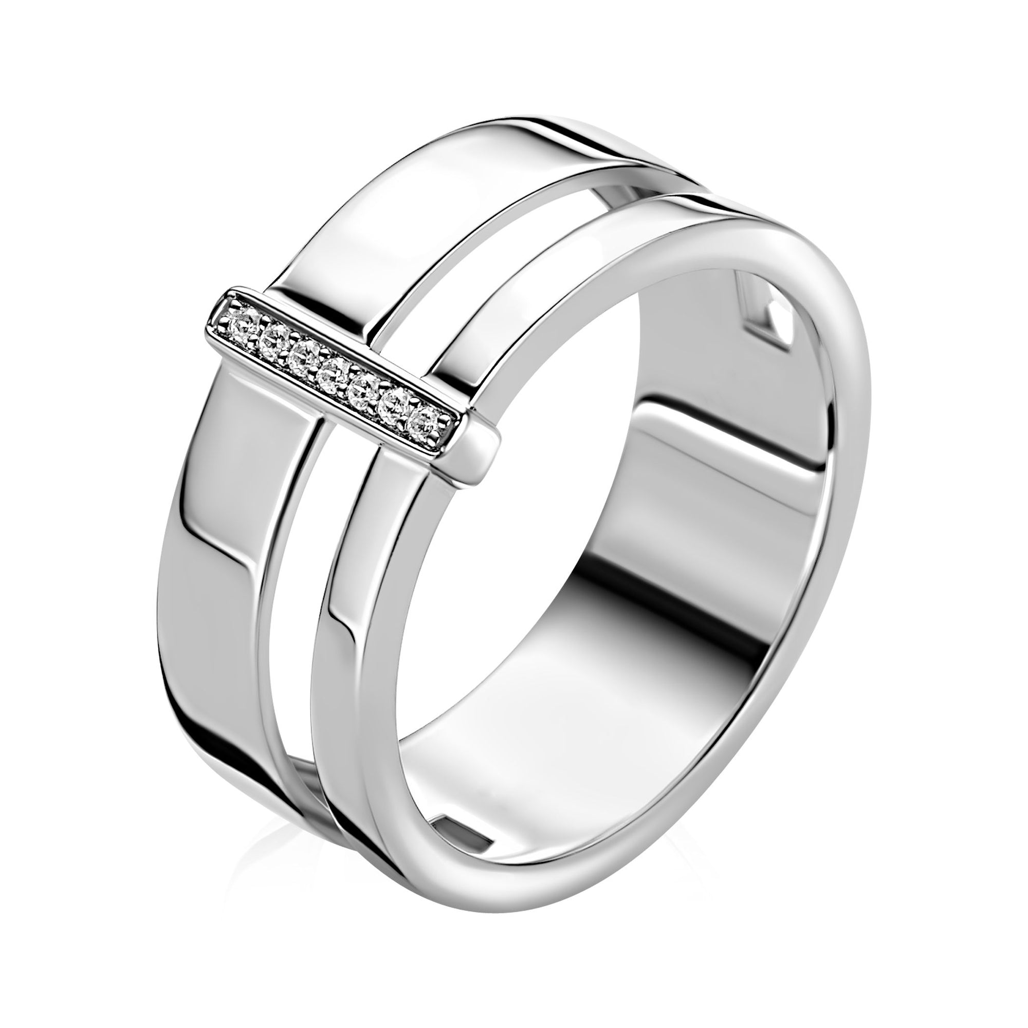 ZINZI zilveren multi-look ring (9mm breed) met 2 banen en verbonden staafje met witte zirkonia ZIR2728 - PansiteNederland.nl