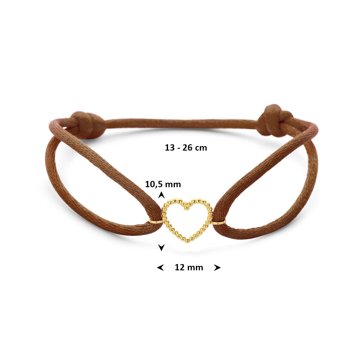 Armband bruin satijn hartje 13 - 26 cm 14K goud met rubber/nylon/leer