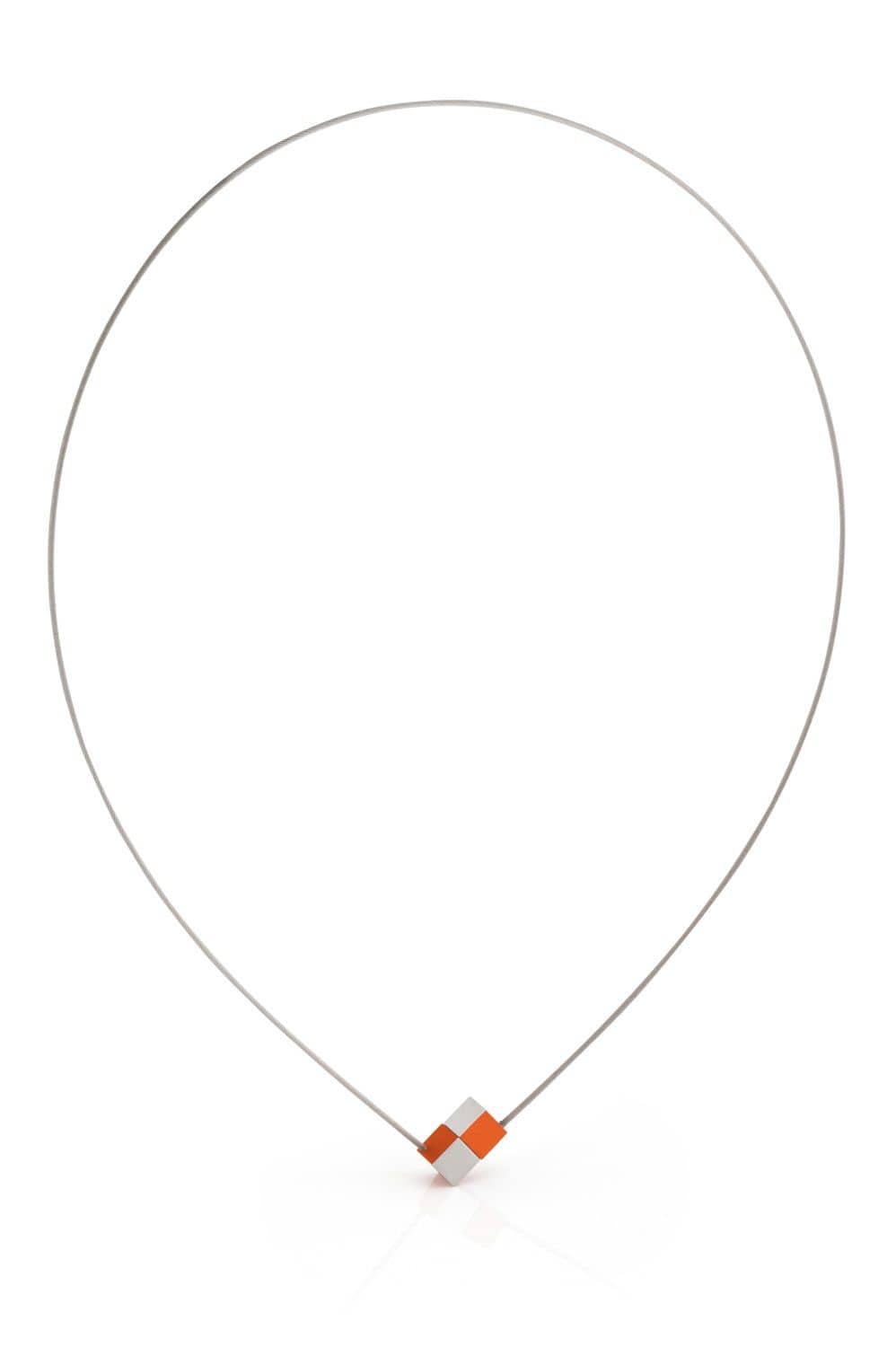 Clic Twee Kubusjes Oranje Collier 43 cm zilver zwart - C205O