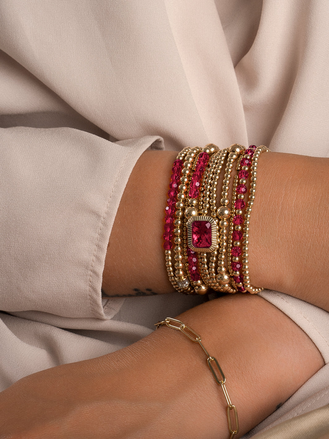 Sparkling Jewels Armband Fuchsiakwarts SB-G-3MM-BAG51 Goudkleurig
