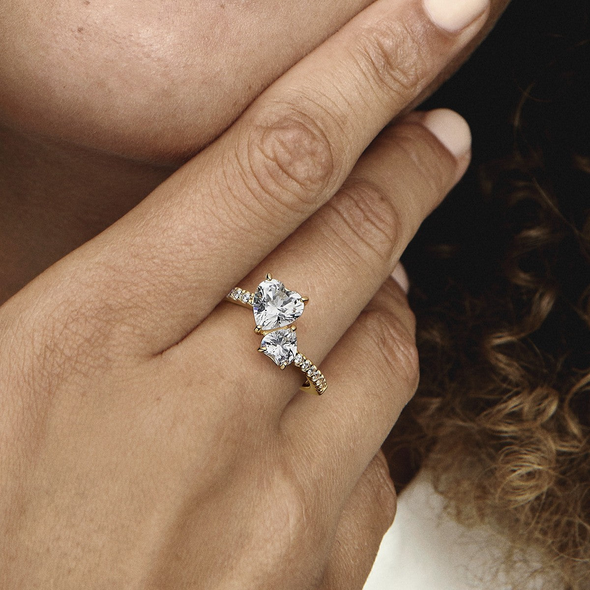 Pandora Dubbel hart sprankelende ring goudverguld - 161198C01