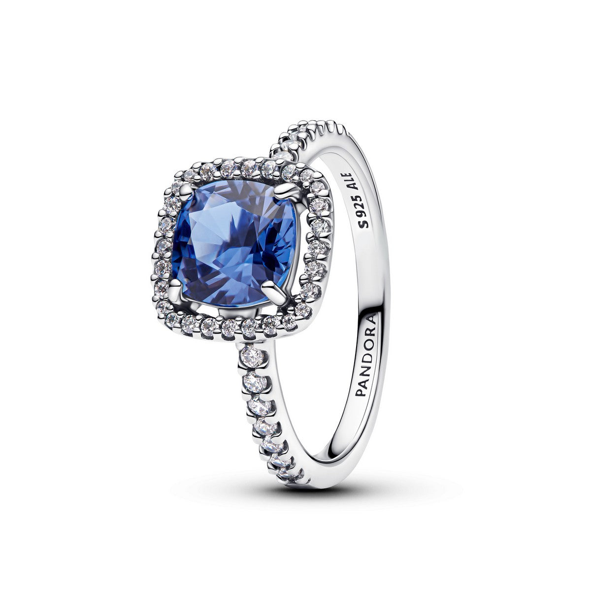 Pandora Sprankelende vierkante blauwe halo statement-ring zilver - 193550C01