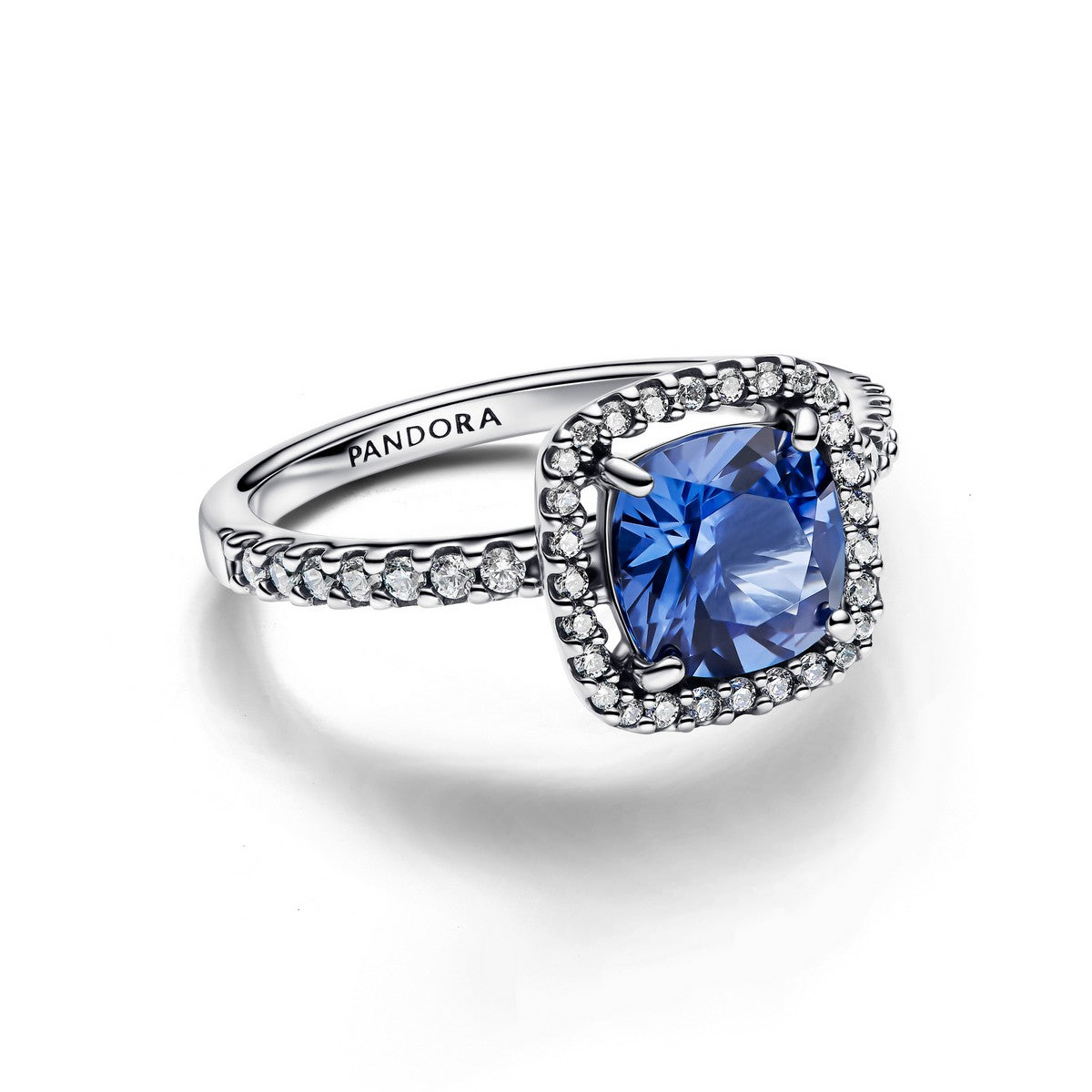Pandora Sprankelende vierkante blauwe halo statement-ring zilver - 193550C01