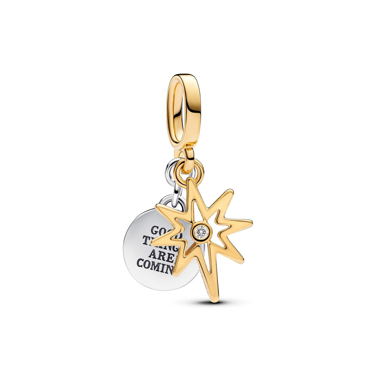 Pandora Hangende bedel met graveerbare poolster van in het laboratorium gekweekte diamant bicolor zilver en goudverguld
