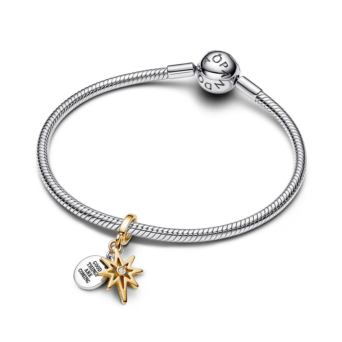 Pandora Hangende bedel met graveerbare poolster van in het laboratorium gekweekte diamant bicolor zilver en goudverguld