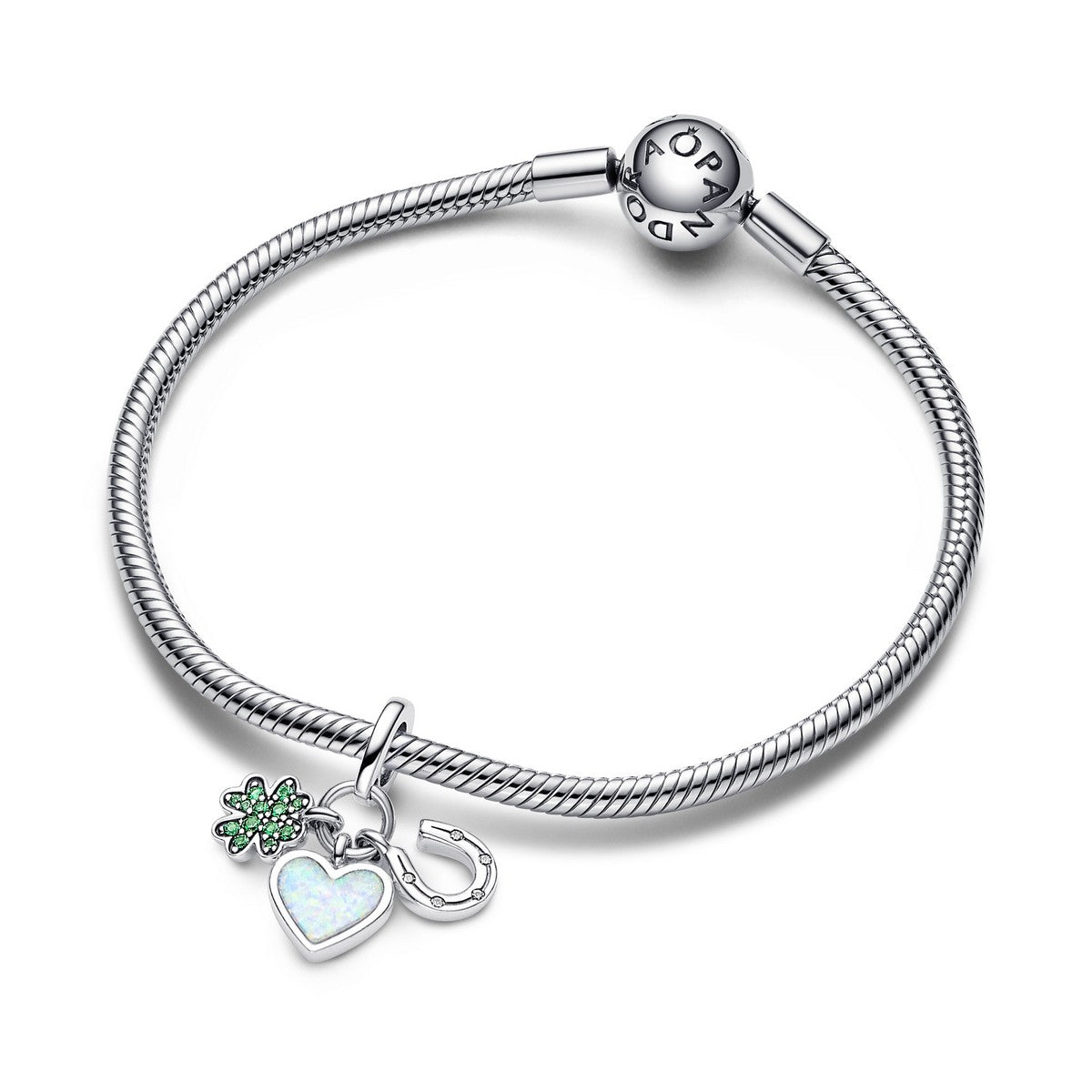 Pandora Klavertjevier, hart en hoefijzer drievoudige hangende bedel zilver - 792755C01