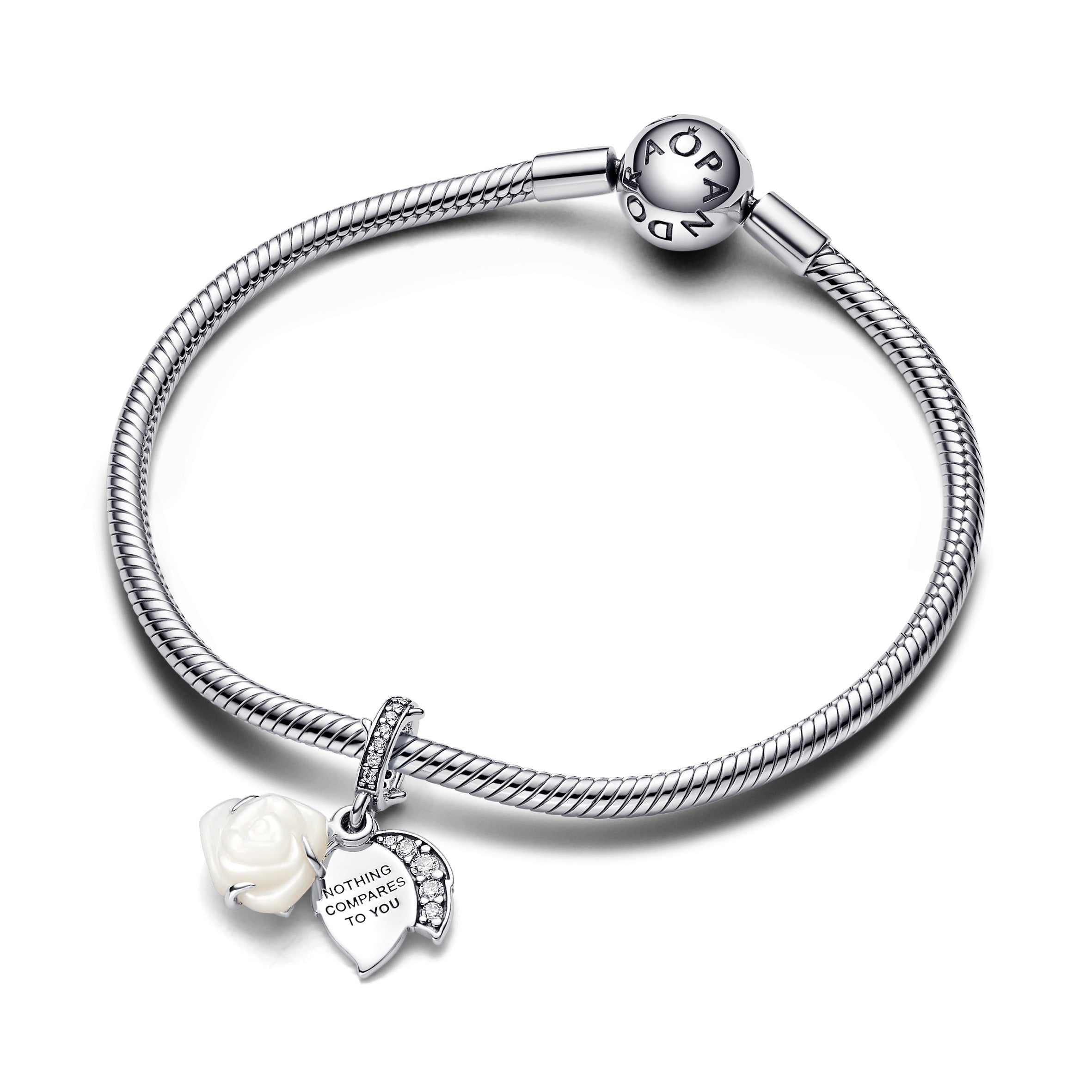 Pandora Witte roos in bloei dubbele hangende bedel zilver - 793200C01