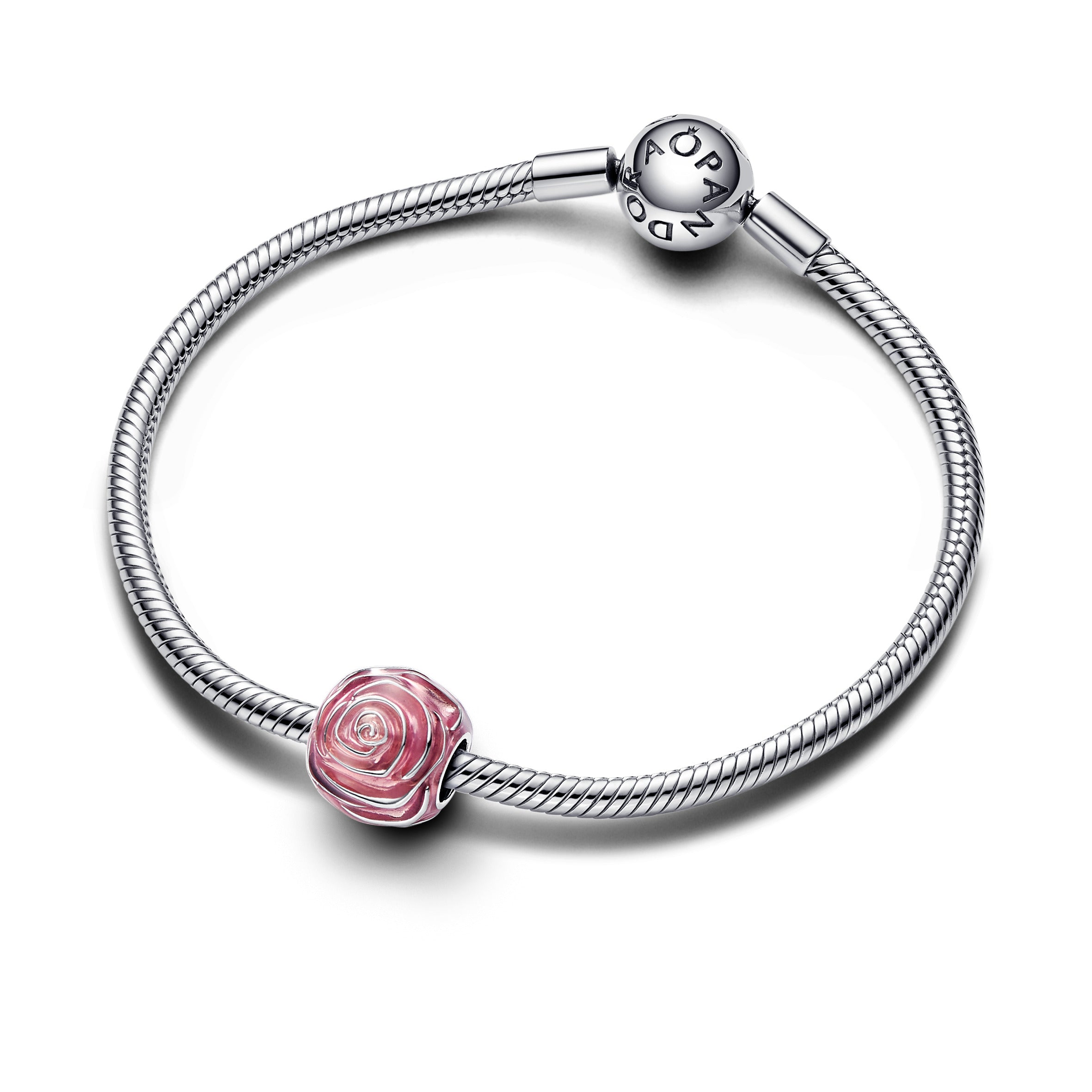 Pandora Roze roos in bloei bedel zilver - 793212C01