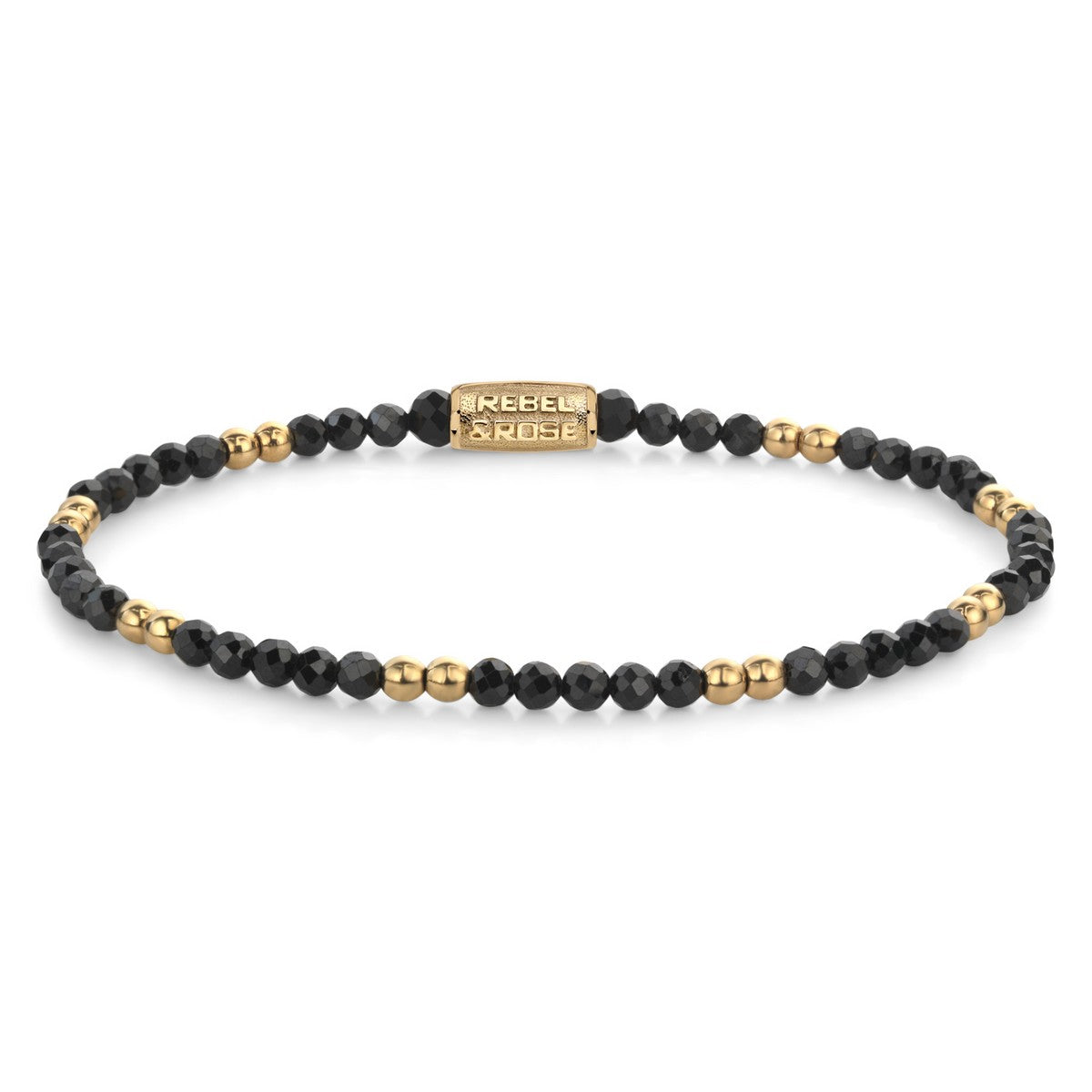 Rebel & Rose Stones Only 3mm Armband RR-30004-G - Zwart, goudkleurige stalen beads
