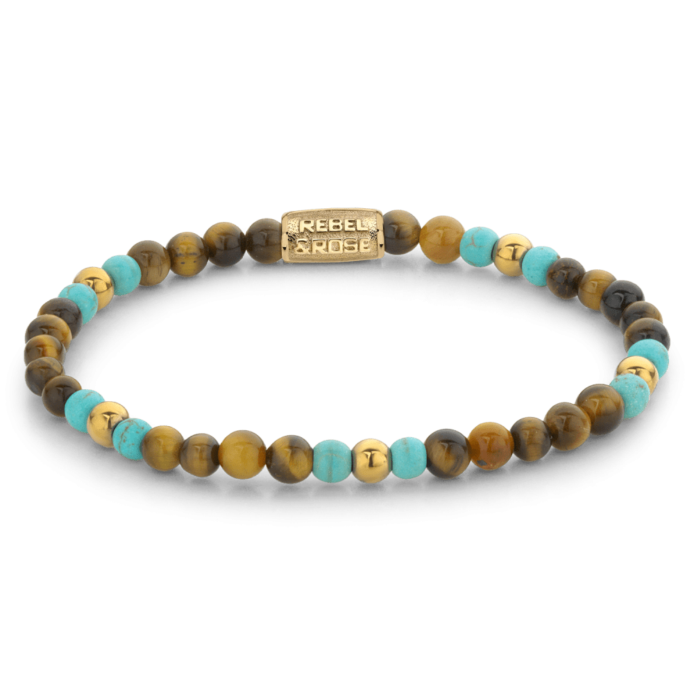 Rebel & and Rose - Armband - Mix Tiger Turquoise - 18 ct yellow gold ionplated - 4mm Armband - RR-40063-G Dames - PansiteNederland.nl