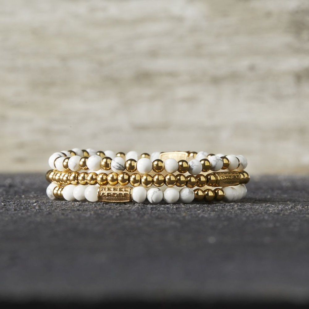 Rebel & Rose More Balls Than Most 4mm Armband RR-40110-G – Wit met grijze aders, goudkleurige stalen beads