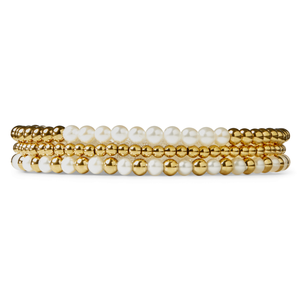 Rebel & Rose Stones Only 4mm Armband RR-40127-G – Witte parels, goudkleurige stalen beads