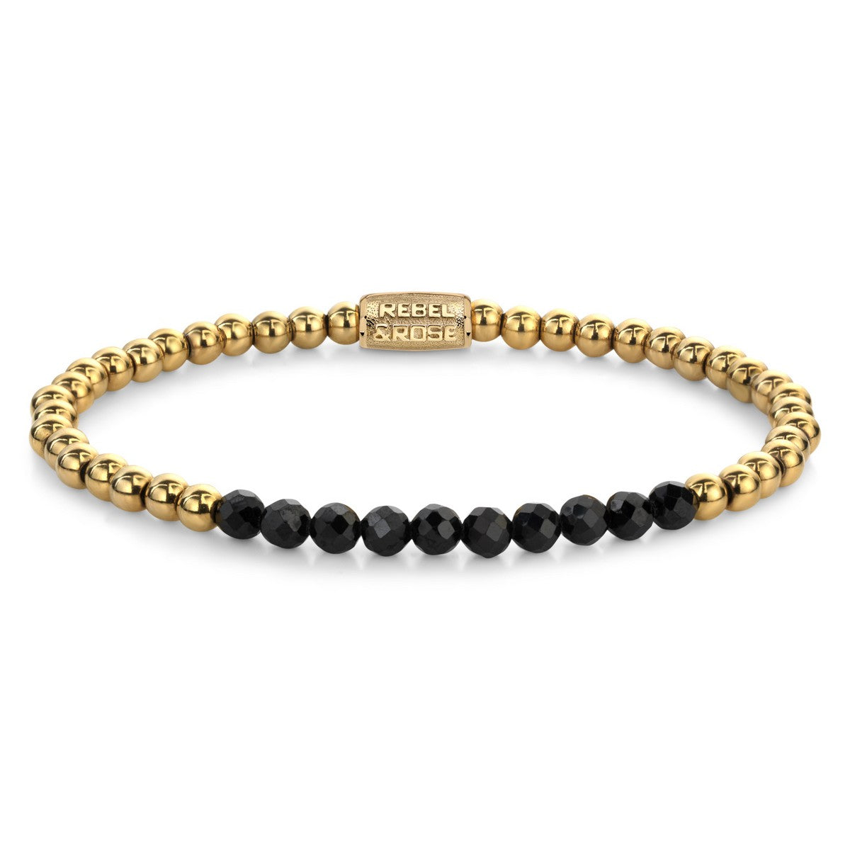 Rebel & Rose Stones Only 4mm Armband RR-40152-G - Zwart, goudkleurige stalen beads