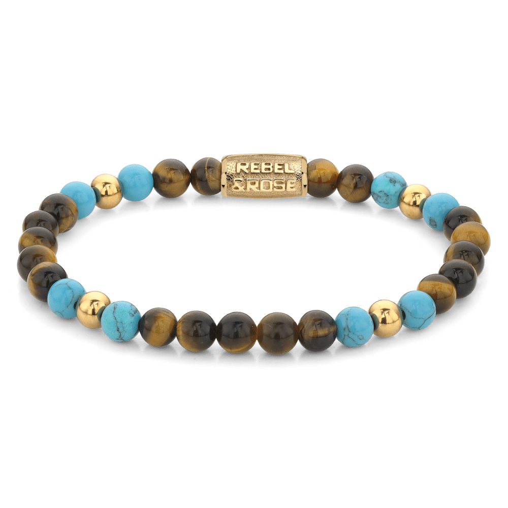 Rebel & and Rose - Armband - Mix Tiger Turquoise - 18 ct yellow gold ionplated - 6mm Armband - RR-60104-G Dames - PansiteNederland.nl