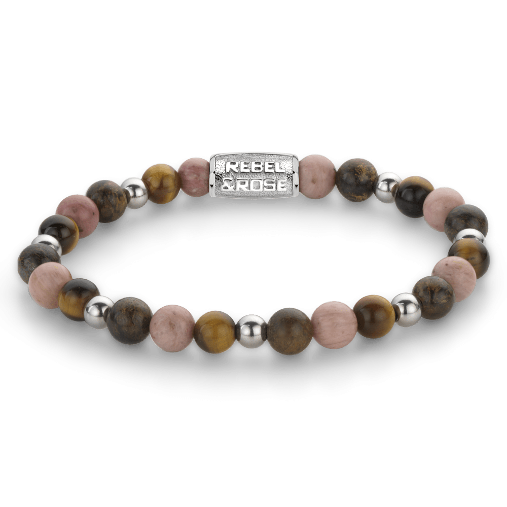 Rebel & Rose More Balls Than Most 6mm Armband RR-60124-S - Bruin, roze, geel, zilver
