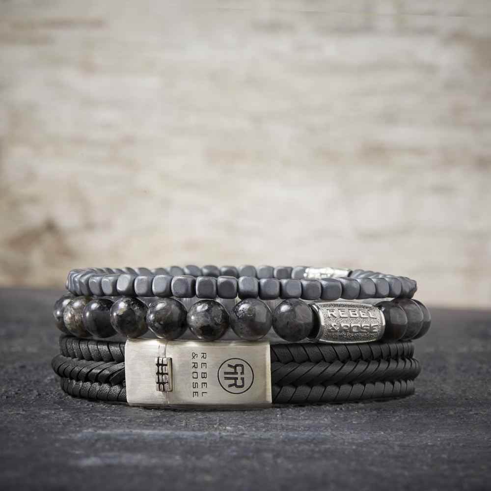 Rebel & Rose Stones Only 8mm Armband RR-80026-S – Grijs met zwarte aders