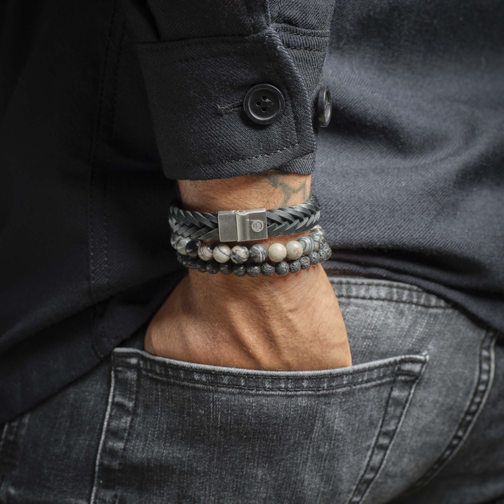 Rebel & Rose Stones Only 8mm Armband RR-80032-S – Zwart/grey met witte vlekken