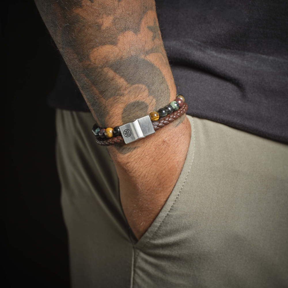Rebel & Rose Full Metal Leather 12mm Armband RR-M0071-S Bruin/beige, groen en zwart
