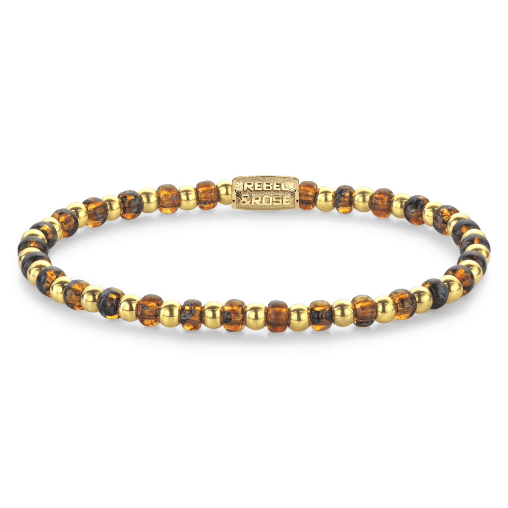 Rebel & and Rose - Armband - Mix Glass Rocks Tiger Gold - 4mm Armband - RR-40146-G Dames - PansiteNederland.nl