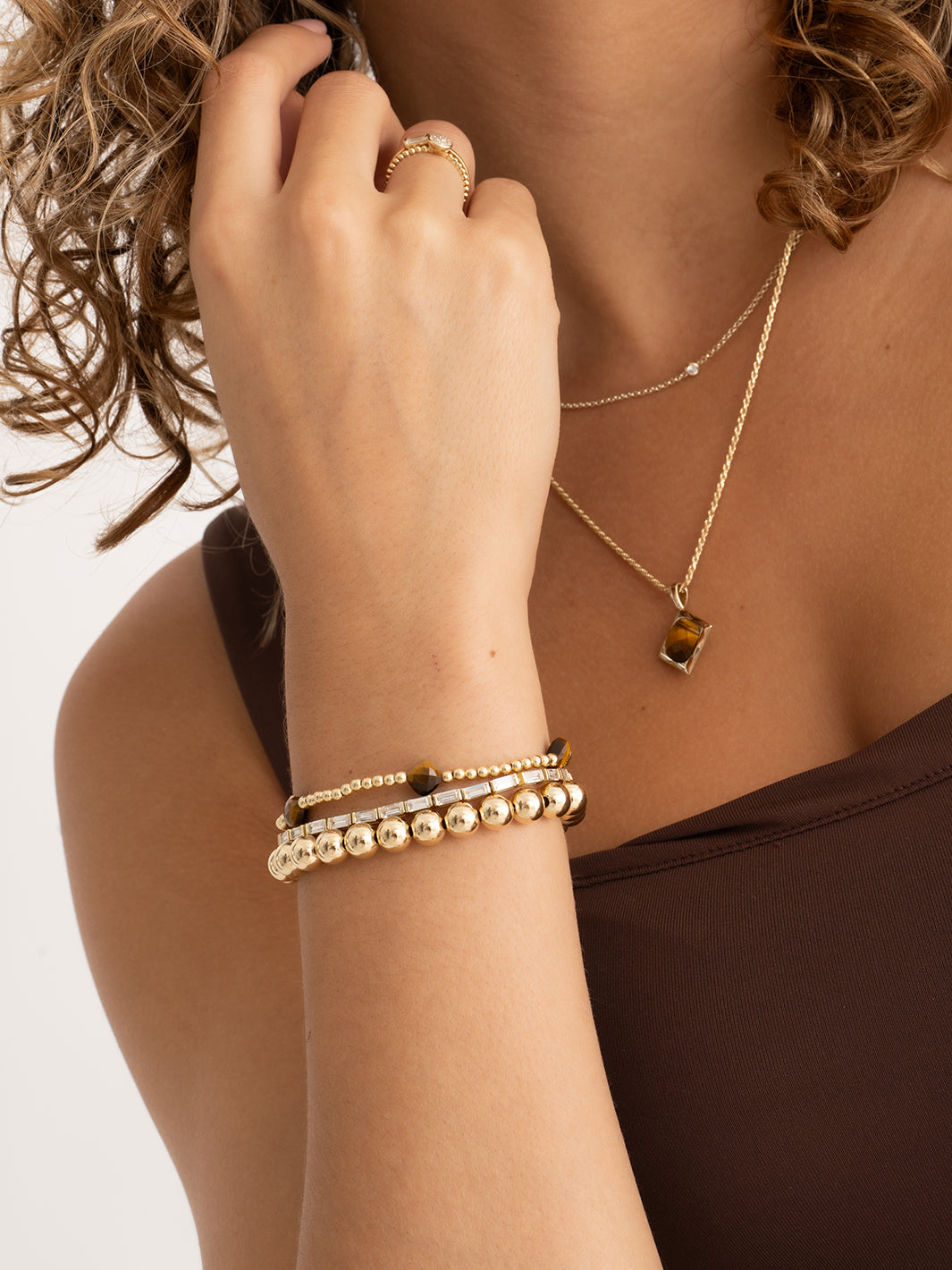 Sparkling Jewels Armband Tijgeroog SB-G-3MM-CC-G09 Goudkleurig