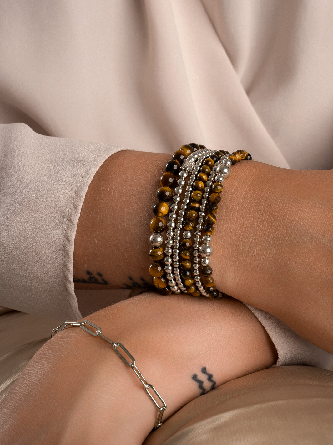 Sparkling Jewels Armband Tijgeroog SB-GEM09-ADD-4MM Zilverkleurig