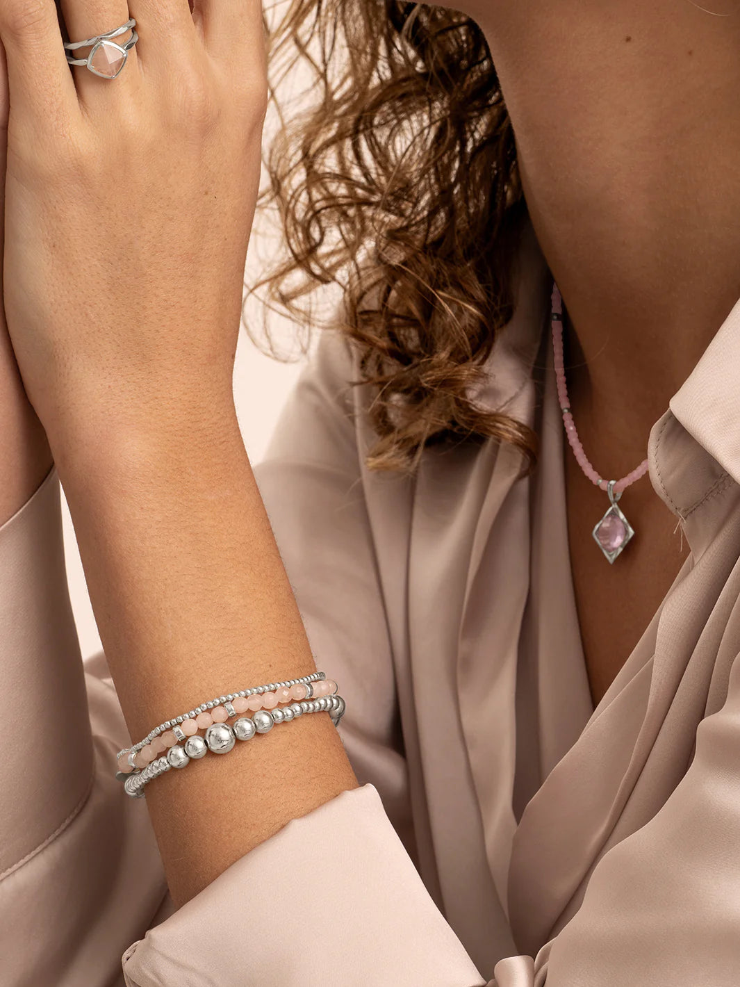 Sparkling Jewels Armband Rozenkwarts Roundel Interstellar SB-GEM13-MIX-RDL Zilverkleurig