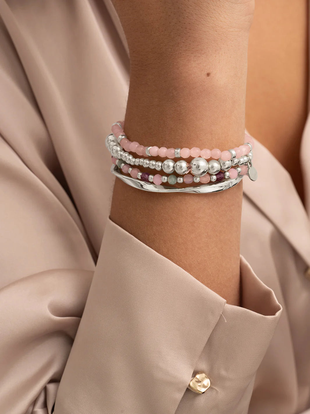 Sparkling Jewels Armband Rozenkwarts Roundel Interstellar SB-GEM13-MIX-RDL Zilverkleurig