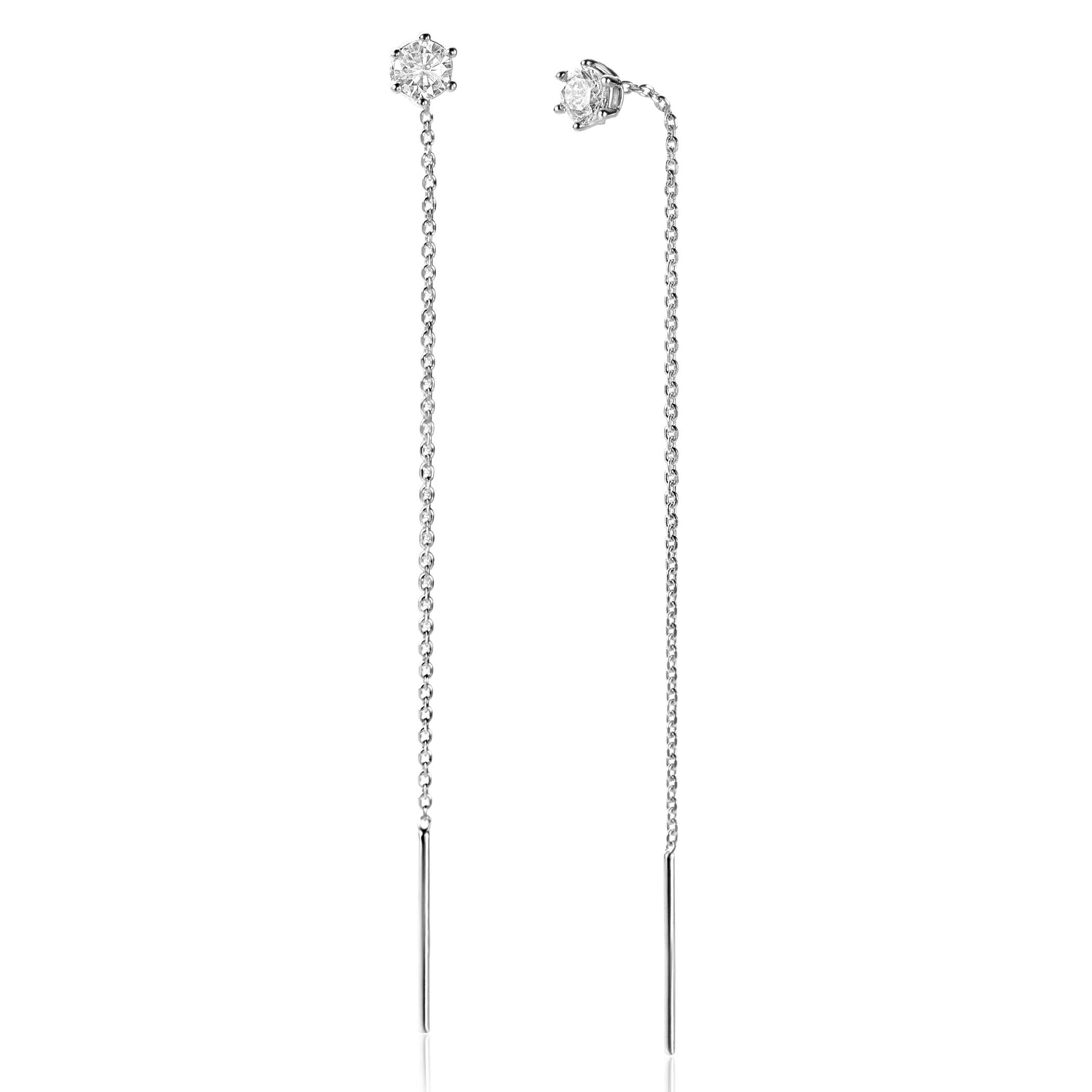 ZINZI zilveren doortrek oorbellen met chatonzetting 5mm witte zirkonia en sierlijk kettinkje ZIO2576 - 80mm oorhangers