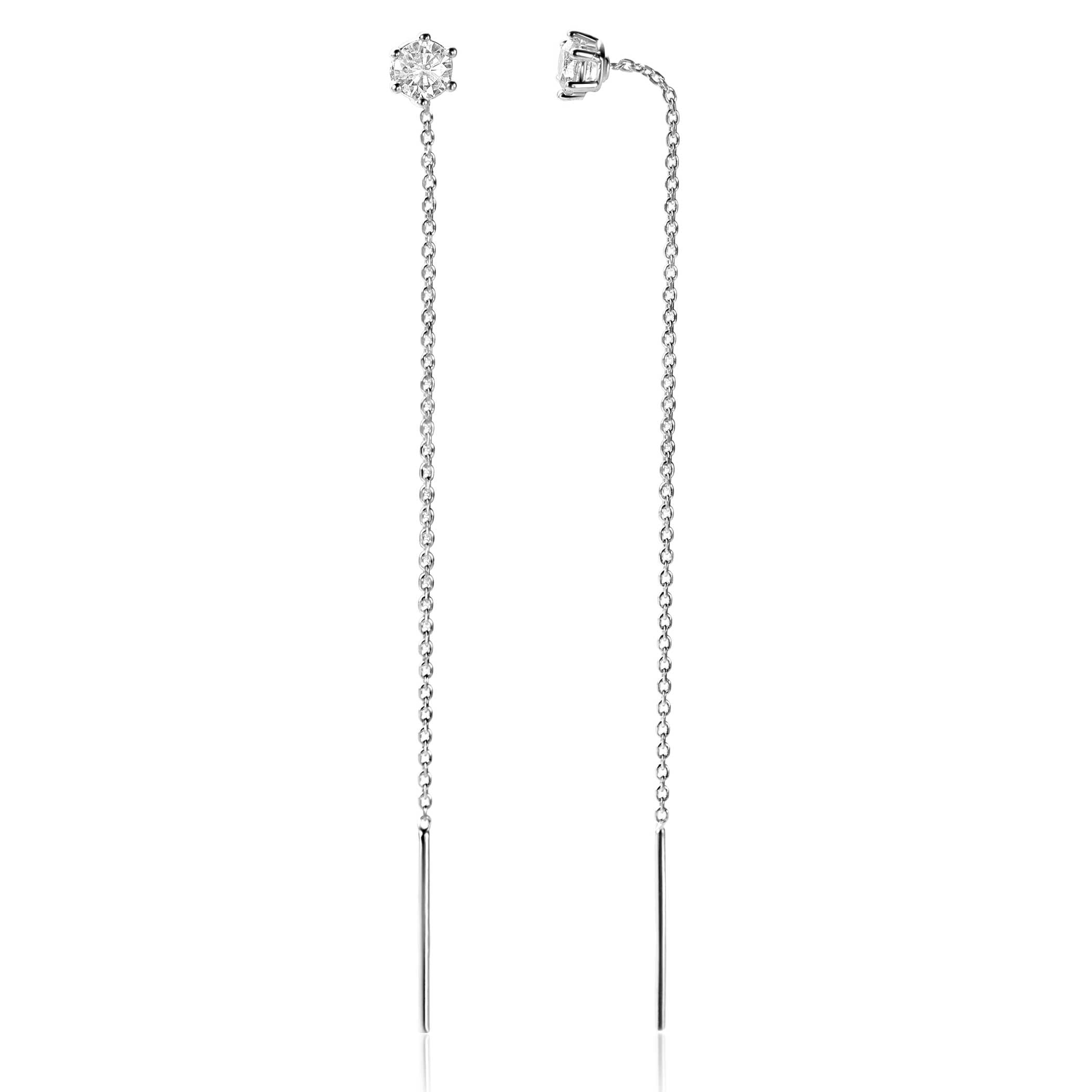 ZINZI zilveren doortrek oorbellen met chatonzetting 5mm witte zirkonia en sierlijk kettinkje ZIO2576 - 80mm oorhangers
