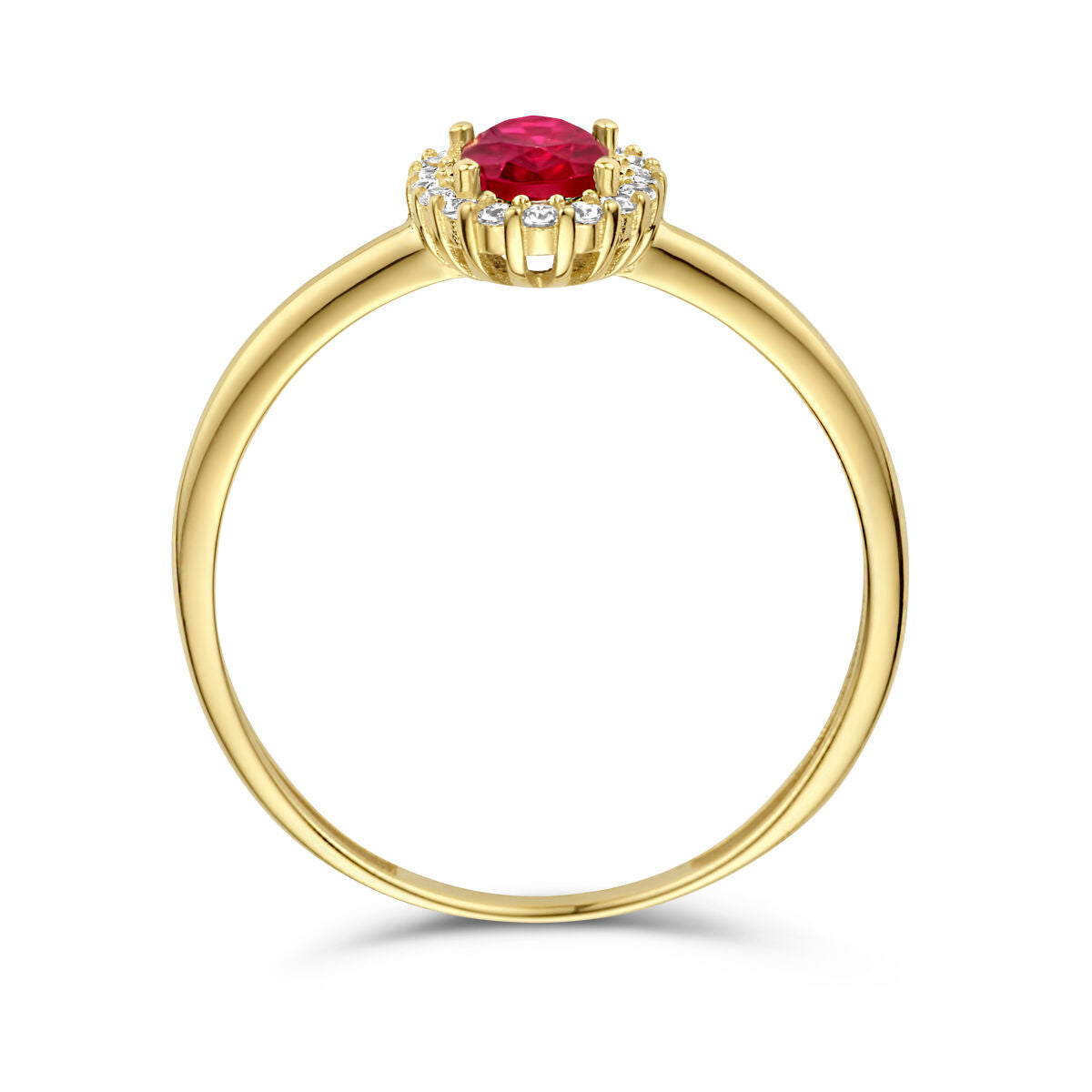Fantasy Collection Ring rood en wit zirkonia halo 14K geelgoud