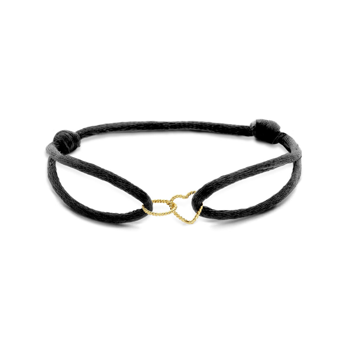 Armband satijn zwart hart en rondje gedraaid 13 - 26 cm 14K goud met rubber/nylon/leer