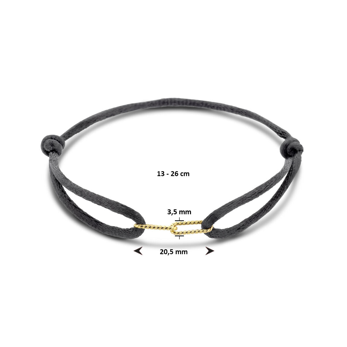 Armband satijn zwart 13 - 26 cm 14K goud met rubber/nylon/leer 3,5 x 20,5 mm – 4700297