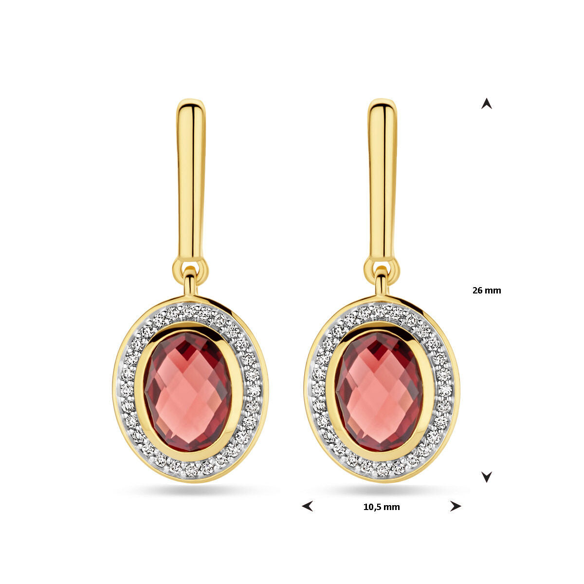 Fantasy Collection Hangende oorbellen granaat en diamant 0.18ct (2x 0.09ct) h si 26 mm 14K geelgoud