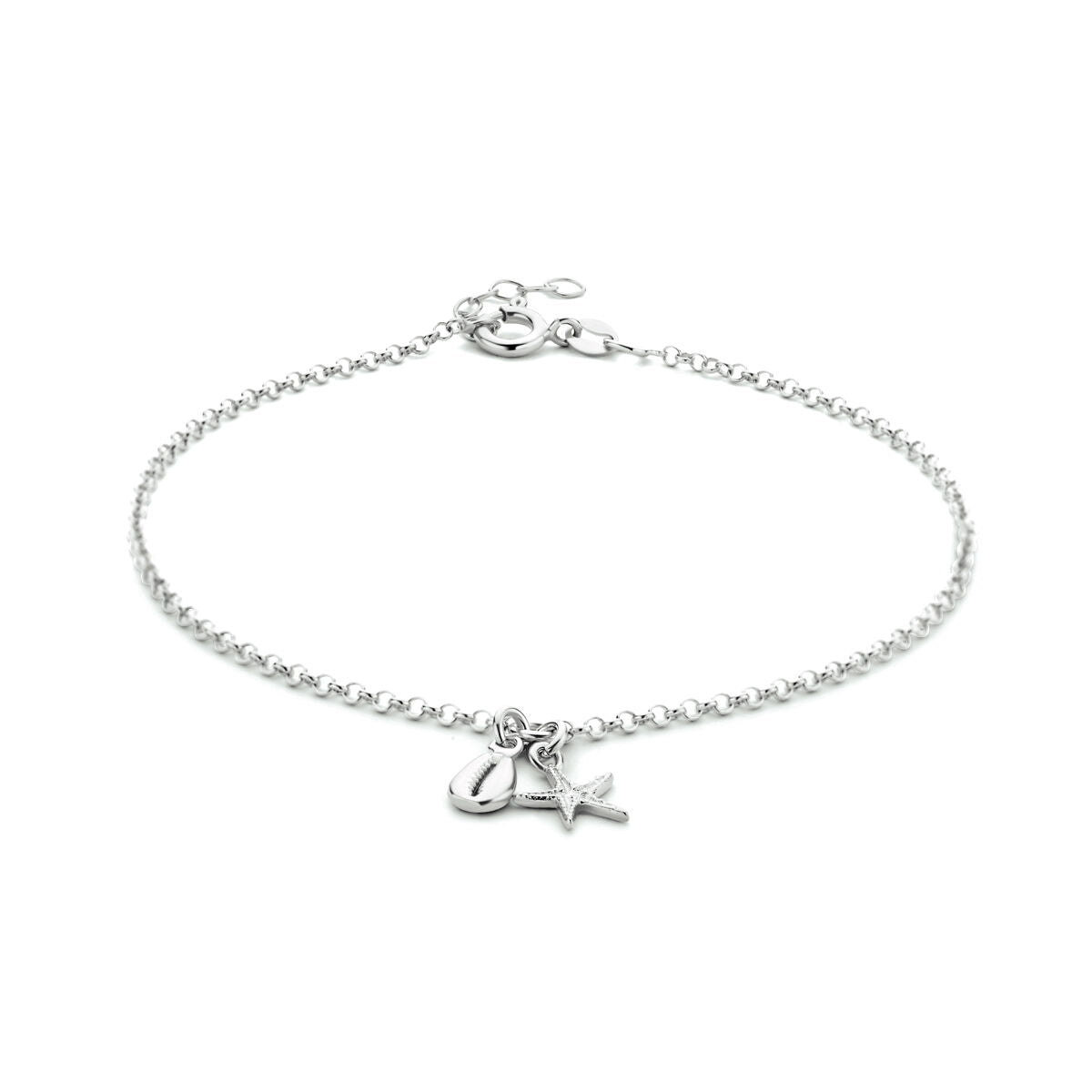 Enkelbandje schelp en zeester 24 + 2 cm zilver gerhodineerd