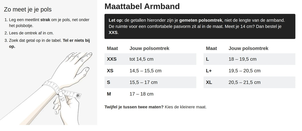 Maattabel armband: meet je polsomtrek en kies je maat