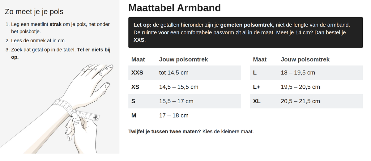 Maattabel armband: meet je polsomtrek en kies je maat
