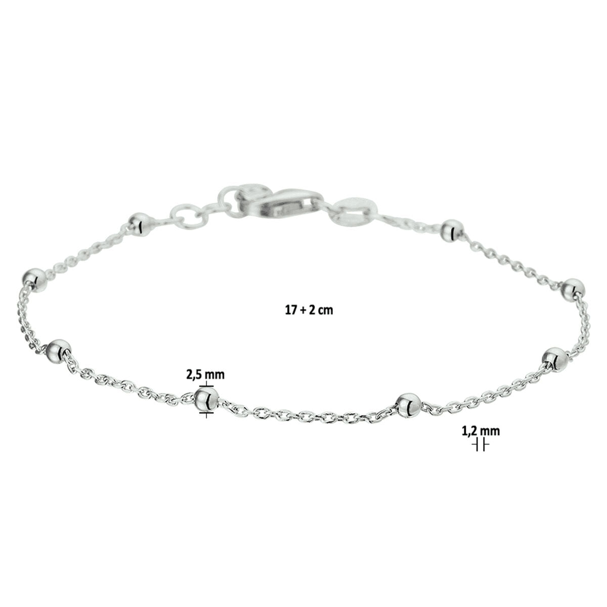 Armband bolletjes 1,2 mm 17 + 2 cm zilver gerhodineerd