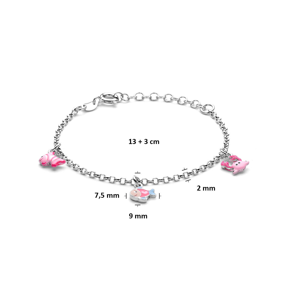 Fantasy Collection Armband hart en dieren emaille 13 + 2 cm zilver