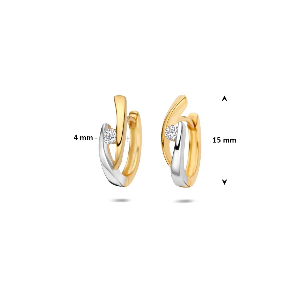 Klapoorringen zirkonia gestift 9K geelgoud 15 mm
