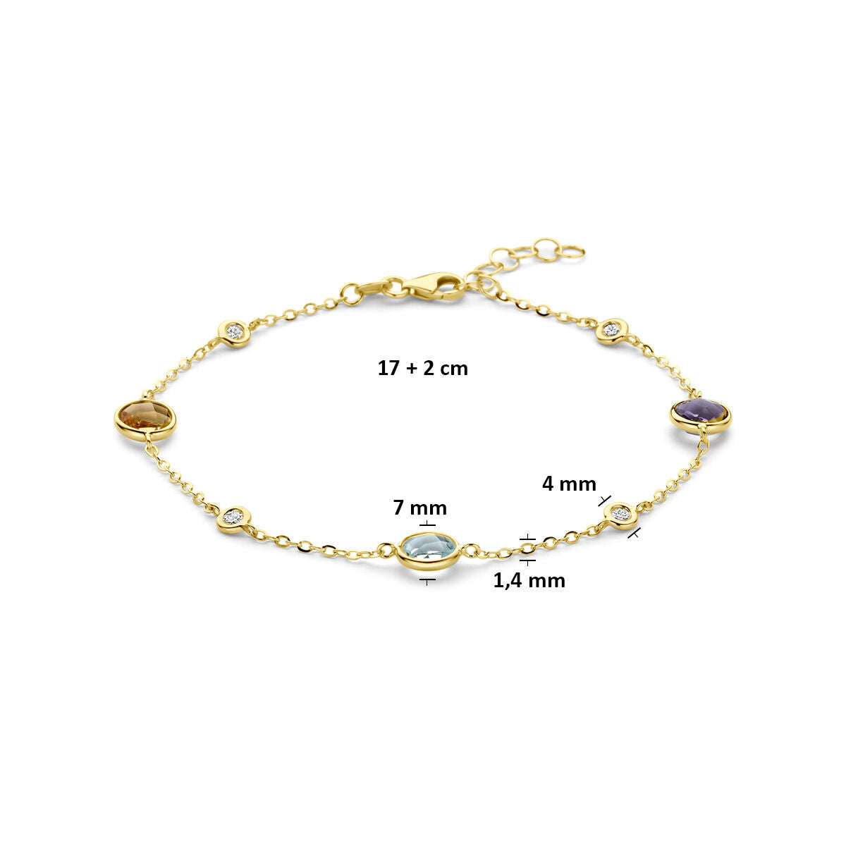 Armband citrien amethist topaas en diamant 0.20ct h si 14K geelgoud 17 + 2 cm