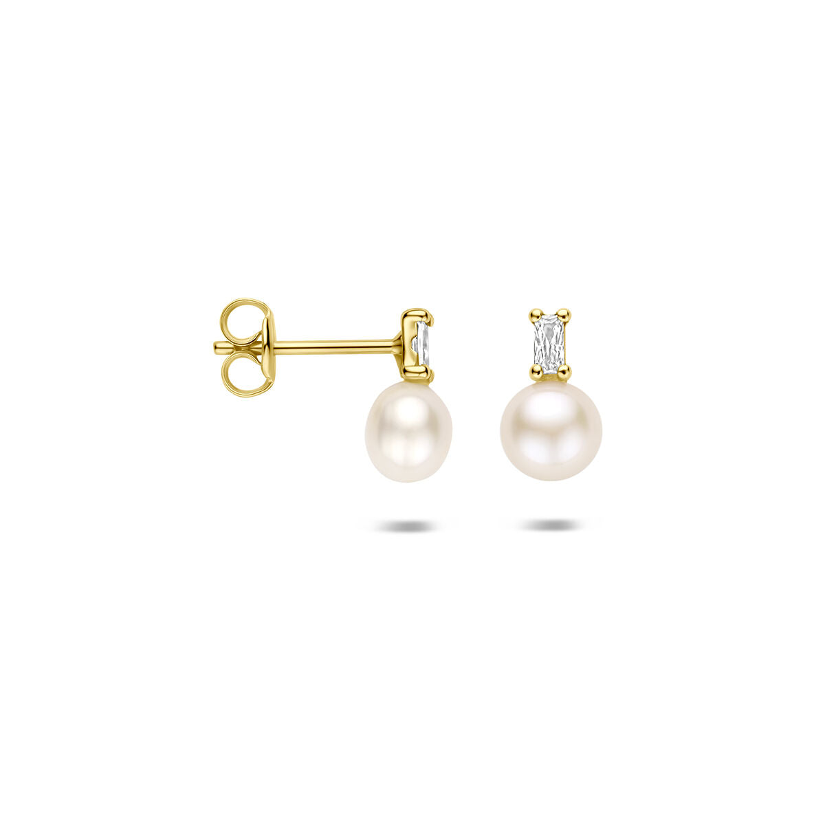 Oorknoppen parel en zirkonia 9K geelgoud 9 mm