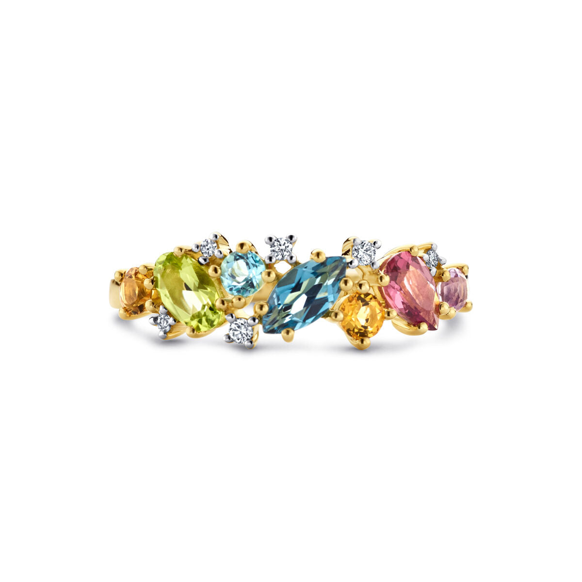Ring natuurlijke kleurstenen en diamant 0.04ct h si 14K geelgoud