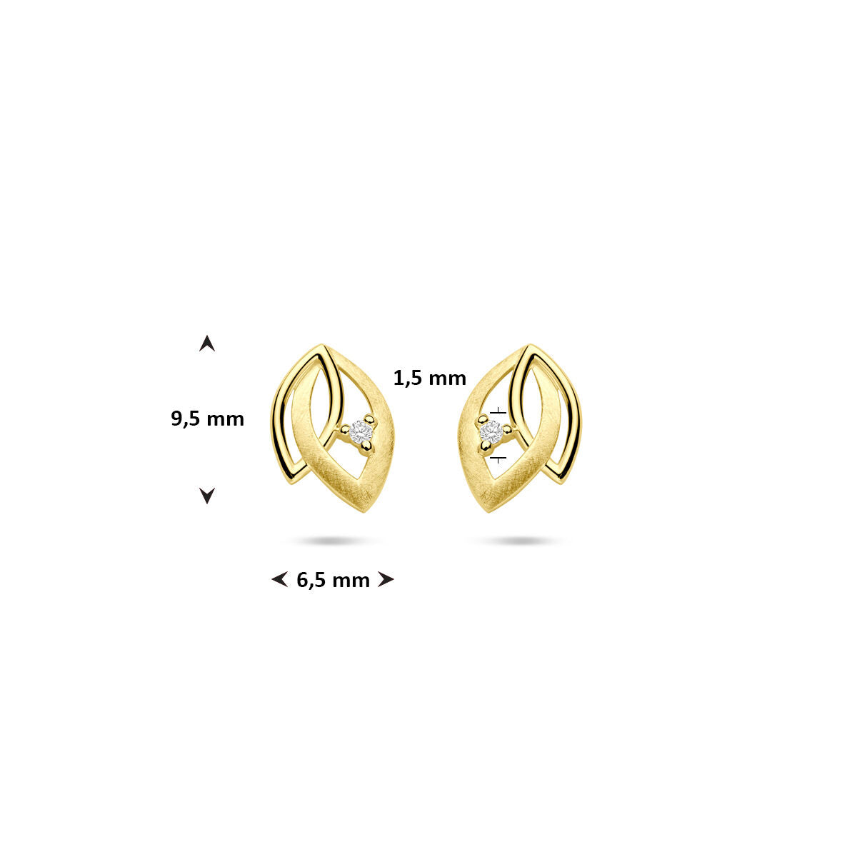 14K geelgouden oorknoppen poli/mat diamant 0.02ct 2x 0.01ct h si 9,5 mm - 4034620