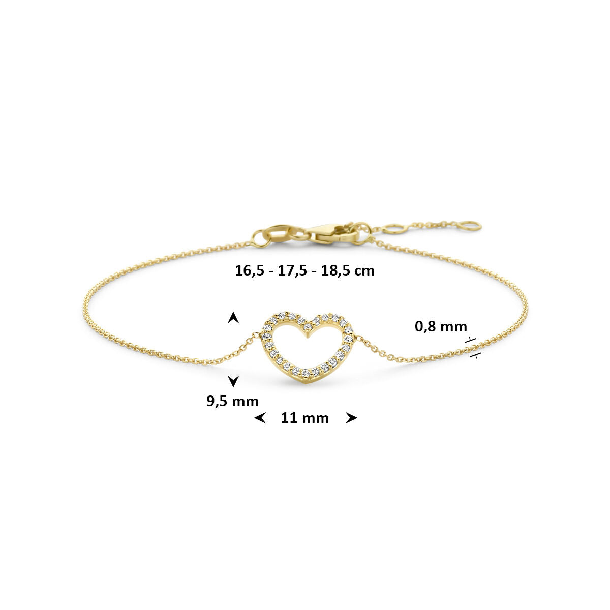 Armband hartje lab grown diamant 0.13ct f vs 14K geelgoud 16,5 - 17,5 - 18,5 cm