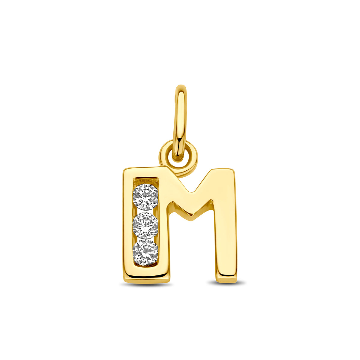 Hanger letter M zirkonia 10 mm 14K geelgoud #Letter_M